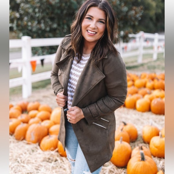 Trendy Faux suede coat with zipper detail  olive brown - Picture 1 of 4